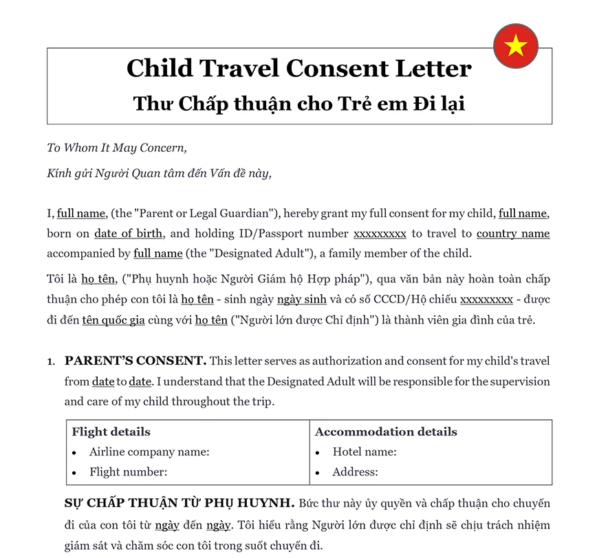 Child travel consent Vietnam