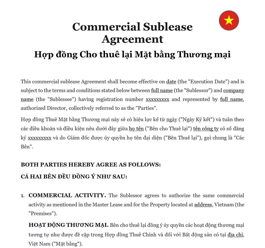 Commercial sublease agreement Vietnam