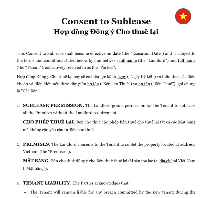 Consent to sublease letter Vietnam