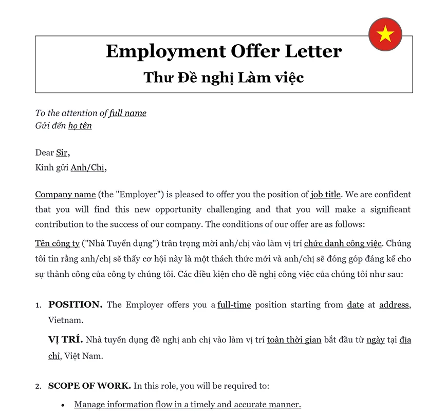 Employment offer letter Vietnam