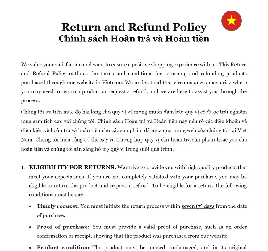 Return and refund policy Vietnam